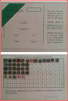 CLUB DI TOPOLINO Cartolina SCHEDA PUNTI MEDAGLIA DI BRONZO Club di Topolino