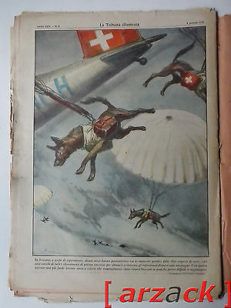 LA TRIBUNA ILLUSTRATA 2 cani da soccorso paracadutati alpi Svizzere 8/1/1956
