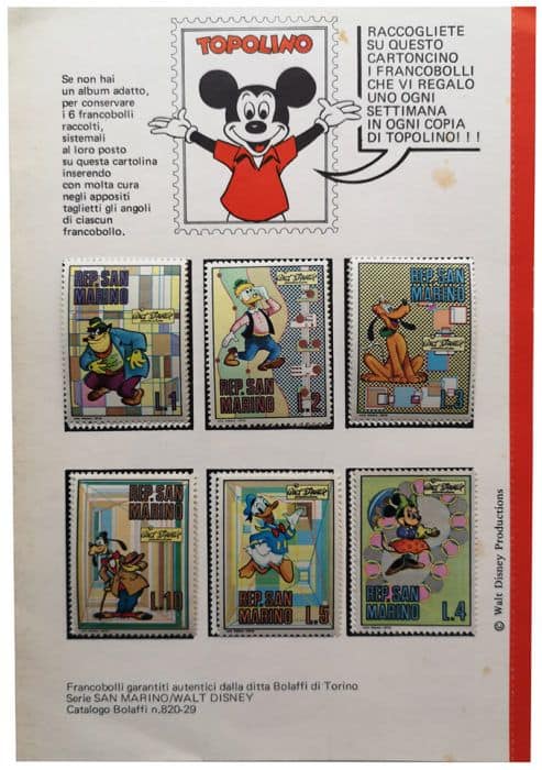 Cartolina raccoglitore fancobolli disney san marino contenuta nel numero 804 di topolino libretto