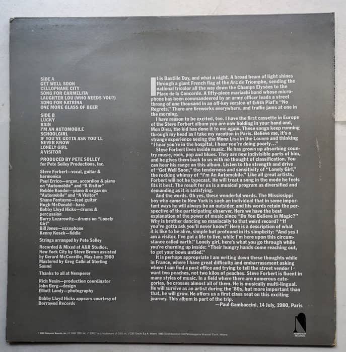 STEVE FORBERT little stevie orbit DISCO LP - 1980 EPIC - immagine 2
